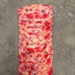 Hello Molly Floral Ruched Bodycon Strapless Dress - Pink & Coral Print